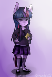Size: 1165x1723 | Tagged: safe, artist:crimsonnight888, imported from derpibooru, twilight sparkle, anthro, book, clothes, female, gradient background, reflection, school uniform, solo