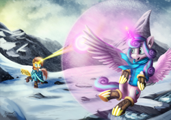 Size: 2000x1400 | Tagged: safe, artist:misiekpl, imported from derpibooru, princess flurry heart, sunburst, art, clothes, duo, flying, force field, grin, hoof boots, jacket, magic, magic blast, magic training, mountain, older, older flurry heart, realistic, scarf, smiling, snow, sunburst teaches flurry, training, wallpaper