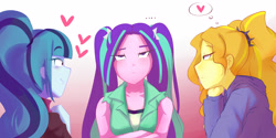 Size: 2100x1050 | Tagged: safe, artist:amazingpuffhair, imported from derpibooru, adagio dazzle, aria blaze, sonata dusk, equestria girls, rainbow rocks, ..., adaria, blushing, clothes, female, heart, lesbian, love triangle, shipping, sonagio, the dazzlings, trio