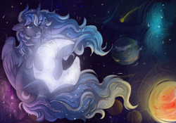 Size: 1555x1090 | Tagged: safe, artist:1an1, imported from derpibooru, princess luna, female, floppy ears, hug, moon, planet, solo, space, sun, surreal, tangible heavenly object