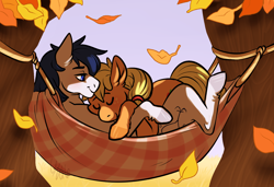 Size: 1460x1000 | Tagged: safe, artist:cartoonlion, imported from derpibooru, applejack, oc, oc:constance everheart, autumn, canon x oc, cuddling, everjack, hammock, male, shipping, sleeping, smiling, snuggling, straight