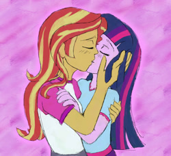 Size: 1280x1169 | Tagged: safe, artist:catlover1672, imported from derpibooru, sci-twi, sunset shimmer, twilight sparkle, equestria girls, legend of everfree, blushing, camping outfit, clothes, female, hug, kissing, lesbian, scitwishimmer, shipping, sunsetsparkle