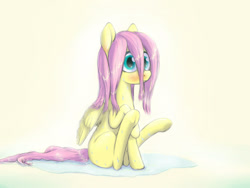 Size: 1024x768 | Tagged: safe, artist:plotcore, imported from derpibooru, fluttershy, blushing, cute, female, missing cutie mark, shyabetes, solo, underhoof, wet, wet mane