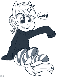 Size: 743x1000 | Tagged: safe, artist:higgly-chan, imported from derpibooru, lyra heartstrings, clothes, cute, dialogue, female, grayscale, monochrome, open mouth, simple background, sitting, smiling, socks, solo, striped socks, sweater, white background