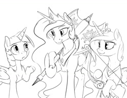 Size: 1155x893 | Tagged: safe, artist:silfoe, imported from derpibooru, princess cadance, princess celestia, twilight sparkle, alicorn, pony, royal sketchbook, axe, battle axe, bow (weapon), grayscale, monochrome, sketch, twilight sparkle (alicorn), weapon