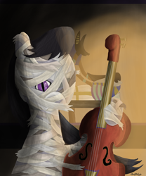 Size: 4500x5400 | Tagged: safe, artist:dusk-ealain, deleted from derpibooru, imported from derpibooru, octavia melody, absurd resolution, anubis, cello, egypt, egyptian, mummification, mummy, slit eyes, slit pupils, solo