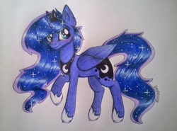 Size: 1024x758 | Tagged: safe, artist:dexterisse, imported from derpibooru, princess luna, blushing, ear fluff, female, raised hoof, simple background, solo, traditional art