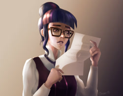 Size: 1200x935 | Tagged: safe, artist:timsart79, imported from derpibooru, sci-twi, twilight sparkle, equestria girls, clothes, crystal prep academy uniform, female, human coloration, paper, reading, realistic, school uniform, solo
