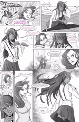 Size: 1980x3060 | Tagged: safe, artist:swain, imported from derpibooru, applejack, rarity, spike, twilight sparkle, human, applespike, ask-humans-from-equestria, brush, cake, clothes, comb, dancing, food, horned humanization, humanized, male, monochrome, mouth hold, portal, project mistletoe, shipping, stockings, straight