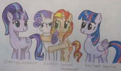 Size: 1584x932 | Tagged: safe, artist:sakura-9416, imported from derpibooru, rarity, starlight glimmer, sunset shimmer, trixie, twilight sparkle, alicorn, pony, unicorn, cute, engrish, female, glimmerbetes, group, hug, magical quartet, mare, shimmerbetes, smiling, traditional art, twiabetes, twilight sparkle (alicorn)
