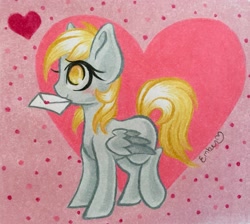 Size: 3319x2979 | Tagged: safe, artist:emberslament, imported from derpibooru, derpy hooves, blushing, female, filly, filly derpy, heart, letter, love letter, mouth hold, solo, traditional art