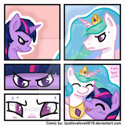 Size: 400x400 | Tagged: safe, artist:ijustloveit619, imported from derpibooru, princess celestia, twilight sparkle, blushing, bust, comic, cute, dialogue, eye contact, eyes closed, looking at each other, looking at you, portrait, smiling, staring contest, sweat, watermark