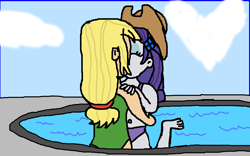 Size: 1000x625 | Tagged: safe, artist:ktd1993, imported from derpibooru, applejack, rarity, equestria girls, belly button, bikini, clothes, female, kissing, lesbian, midriff, one-piece swimsuit, rarijack, shipping, swimming pool, swimsuit