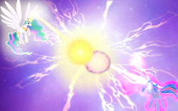 Size: 2880x1800 | Tagged: safe, artist:mr-kennedy92, imported from derpibooru, princess celestia, twilight sparkle, beam struggle, evenly matched, fight, flying, glowing eyes, magic, spread wings, twilight is anakin