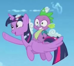 Size: 676x604 | Tagged: safe, imported from derpibooru, screencap, spike, twilight sparkle, alicorn, dragon, pony, the cutie re-mark, backpack, cloud, cute, dragons riding ponies, duo, faic, female, flying, grin, male, mare, out of context, pointing, riding, smiling, spike riding twilight, spread wings, twilight sparkle (alicorn), wide eyes