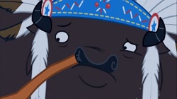 Size: 1100x618 | Tagged: safe, imported from derpibooru, screencap, chief thunderhooves, little strongheart, buffalo, over a barrel, male, nose picking, solo focus
