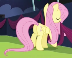 Size: 369x296 | Tagged: safe, imported from derpibooru, screencap, fluttershy, pegasus, pony, the mane attraction, butt, cropped, female, flutterbutt, folded wings, mare, mouth hold, plot, solo, wings