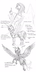Size: 1100x2208 | Tagged: safe, artist:baron engel, imported from derpibooru, oc, oc only, griffon, pegasus, pony, armor, grayscale, monochrome, pencil drawing, simple background, sketch, traditional art, white background