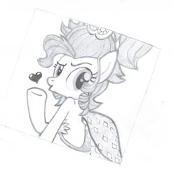 Size: 1740x1756 | Tagged: safe, artist:lordmiedo, imported from derpibooru, applejack, earth pony, pony, simple ways, applejack is best facemaker, applejewel, blowing a kiss, clothes, dress, female, grayscale, heart, monochrome, pencil drawing, solo, traditional art