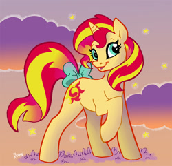 Size: 811x781 | Tagged: safe, artist:kiguren, imported from derpibooru, sunset shimmer, pony, unicorn, bow, cute, female, mare, open mouth, raised hoof, shimmerbetes, solo, tail bow