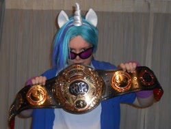 Size: 2520x1908 | Tagged: safe, artist:kirbygb6, imported from derpibooru, dj pon-3, vinyl scratch, human, championship belt, clothes, cosplay, costume, irl, irl human, photo, pony club, pro wrestling, solo