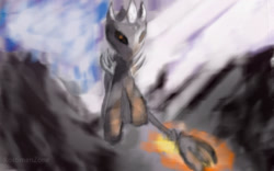 Size: 1280x800 | Tagged: safe, artist:rostimen, imported from derpibooru, pony, brush, digital art, helmet, lord of the rings, morgoth, mountain, painting, ponified, sky, solo, the hobbit, the silmarillion, traditional art, watercolor painting, weapon