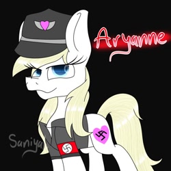 Size: 540x540 | Tagged: artist needed, safe, imported from derpibooru, oc, oc only, oc:aryanne, earth pony, pony, armband, big ears, clothes, eye lashes, female, hat, heart, nazi, shirt, smiling, solo, standing, swastika, uniform