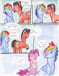 Size: 2552x3300 | Tagged: safe, artist:tristanjsolarez, imported from derpibooru, pinkie pie, rainbow dash, oc, earth pony, pegasus, pony, comic:trans ponies, blue background, boop, butt, comic, female, male, mare, nose wrinkle, noseboop, nudity, plot, rainbow blitz, rule 63, sheath, simple background, stallion, traditional art, transgender