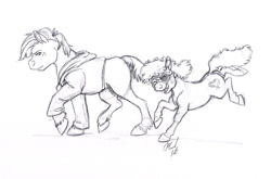 Size: 1024x674 | Tagged: safe, artist:carnivorouscaribou, imported from derpibooru, babs seed, twist, clothes, eyepatch, hoodie, monochrome, sketch, traditional art, unshorn fetlocks