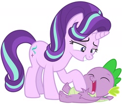 Size: 1656x1416 | Tagged: safe, artist:titanium-pony, imported from derpibooru, spike, starlight glimmer, bedroom eyes, cute, eyes closed, laughing, lidded eyes, love, male, on back, open mouth, shipping, show accurate, simple background, smiling, sparlight, straight, tickling, white background