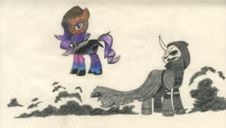 Size: 2430x1382 | Tagged: safe, artist:smcho1014, deleted from derpibooru, imported from derpibooru, earth pony, pony, unicorn, colored pencil drawing, crossover, curved horn, duo, female, male, mare, mask, overwatch, ponified, reaper (overwatch), smoke, sombra (overwatch), stallion, traditional art