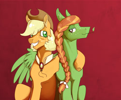 Size: 2022x1672 | Tagged: safe, artist:vindhov, imported from derpibooru, applejack, oc, oc:snap apple, pegasus, pony, bags under eyes, braid, collar, duo, ear fluff, female, freckles, mare, mother and daughter, offspring, older, parent:applejack, parent:soarin', parents:soarinjack, red background, simple background