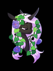 Size: 688x915 | Tagged: safe, artist:carnifex, imported from derpibooru, oc, oc only, oc:vatia, changeling, changeling queen, black background, bust, changeling oc, changeling queen oc, female, flower, flower in hair, four eyes, multiple eyes, portrait, purple changeling, simple background, smiling, solo, white changeling