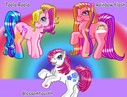 Size: 1105x850 | Tagged: safe, artist:bast-incarnation, imported from derpibooru, rainbow flash, toola roola, adoraforth, blossomforth (g3), cute, g3, g3 adoraforth, misspelling, rainbaww flash, roolabetes