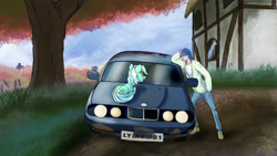 Size: 2870x1614 | Tagged: safe, artist:aaronmk, imported from derpibooru, bon bon, lyra heartstrings, sweetie drops, human, pony, unicorn, autumn, behaving like a cat, bmw, bon bon is not amused, car, cute, dirt, eye contact, frown, glare, grin, house, humanized, looking at each other, lyrabetes, mud, prone, smiling, squee, tree, unamused