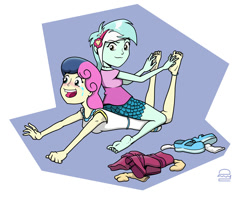 Size: 1500x1200 | Tagged: safe, artist:coffeeburger, imported from derpibooru, bon bon, lyra heartstrings, equestria girls, barefoot, blushing, boots, clothes, crying, dress, feet, female, foot fetish, laughing, lesbian, lyrabon, open mouth, shipping, shoes, smiling, socks, tears of laughter, tickling