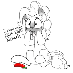 Size: 1280x1275 | Tagged: safe, artist:pabbley, imported from derpibooru, pinkie pie, chili pepper, chilli, crying, dialogue, drool, female, food, grayscale, monochrome, neo noir, open mouth, out of context, partial color, pepper, ponk, red peppers, simple background, sitting, solo, spicy, tongue out, white background, wide eyes