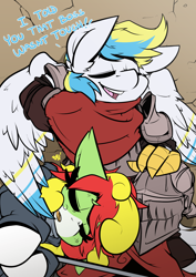 Size: 1204x1705 | Tagged: safe, artist:bbsartboutique, imported from derpibooru, oc, oc only, oc:cirrus sky, oc:mango tango, earth pony, hippogriff, original species, armor, dark souls, exhausted, helmet, relaxing, signature, smiling, spread wings, talons, tired, video game