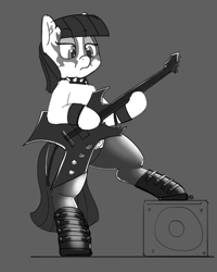 Size: 1280x1597 | Tagged: safe, artist:pabbley, imported from derpibooru, maud pie, pony, amplifier, bipedal, boots, choker, electric guitar, face paint, female, grayscale, guitar, monochrome, musical instrument, punk, rock (music), rocker, simple background, solo, spiked choker, tights, white background