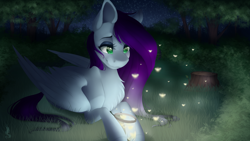 Size: 1920x1080 | Tagged: safe, artist:silentwulv, imported from derpibooru, oc, oc only, firefly (insect), pegasus, pony, forest, night, smiling