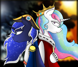 Size: 1274x1089 | Tagged: safe, artist:stuflox, imported from derpibooru, princess celestia, princess luna, pony, back to back, crown, hat, jewelry, looking at you, louis xviii, mantle, napoleon bonaparte, regalia, the count of monte cristo