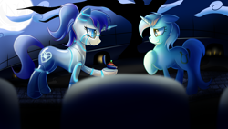 Size: 3000x1700 | Tagged: safe, artist:elmutanto, imported from derpibooru, lyra heartstrings, oc, oc:raribot, pony, robot, robot pony, canon x oc, full moon, graveyard, marriage proposal, moon, raribot, shipping