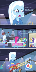 Size: 632x1256 | Tagged: safe, edit, edited screencap, imported from derpibooru, screencap, applejack, dj pon-3, pinkie pie, rainbow dash, rarity, trixie, vinyl scratch, equestria girls, guitar centered, rainbow rocks, abuse, boots, clothes, electric guitar, guitar, high heel boots, musical instrument, ponied up, ponytail, rainbow douche, screencap comic, skirt, trixiebuse, wings