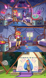 Size: 640x1080 | Tagged: safe, imported from derpibooru, screencap, sci-twi, spike, spike the regular dog, sunset shimmer, twilight sparkle, dog, equestria girls, legend of everfree, bed, bigger on the inside, cartoon physics, clothes, converse, hammerspace, magic, shoes, telekinesis, tent