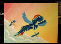 Size: 1280x929 | Tagged: safe, artist:horseez, imported from derpibooru, rainbow dash, soarin', spitfire, pony, acrylic painting, cloud, flying, painting, traditional art, wonderbolts