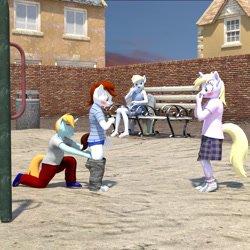 Size: 2400x2400 | Tagged: safe, artist:jawolfadultishart, imported from derpibooru, derpy hooves, dinky hooves, pipsqueak, snips, anthro, plantigrade anthro, 3d, assisted exposure, blushing, briefs, clothes, daz studio, dinkysqueak, embarrassed, flower, humiliation, male, pantsing, prank, shipping, skirt, straight, underwear