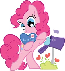 Size: 424x467 | Tagged: safe, imported from derpibooru, pinkie pie, female, heart eyes, in love, love letters, mail, mailbox, secret admirer, simple background, solo, valentine, valentine's day, white background, wingding eyes
