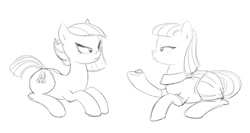 Size: 1128x600 | Tagged: safe, artist:carnifex, imported from derpibooru, boulder (pet), limestone pie, maud pie, boulder (g4), eye contact, frown, glare, looking at each other, monochrome, prone, sketch