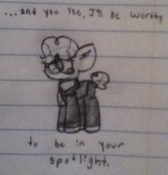 Size: 634x660 | Tagged: safe, artist:thefanficfanpony, imported from derpibooru, svengallop, lined paper, monochrome, quote, sad, sketch, traditional art