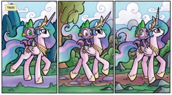 Size: 1600x885 | Tagged: safe, artist:agnesgarbowska, idw, imported from derpibooru, princess celestia, spike, alicorn, dragon, pony, spoiler:comicff3, bag, bored, comic, dirt road, dragons riding ponies, duo, ethereal mane, female, frown, looking up, male, mare, official comic, progression, raised hoof, raised leg, riding, smiling, spike riding celestia, thus!, walking